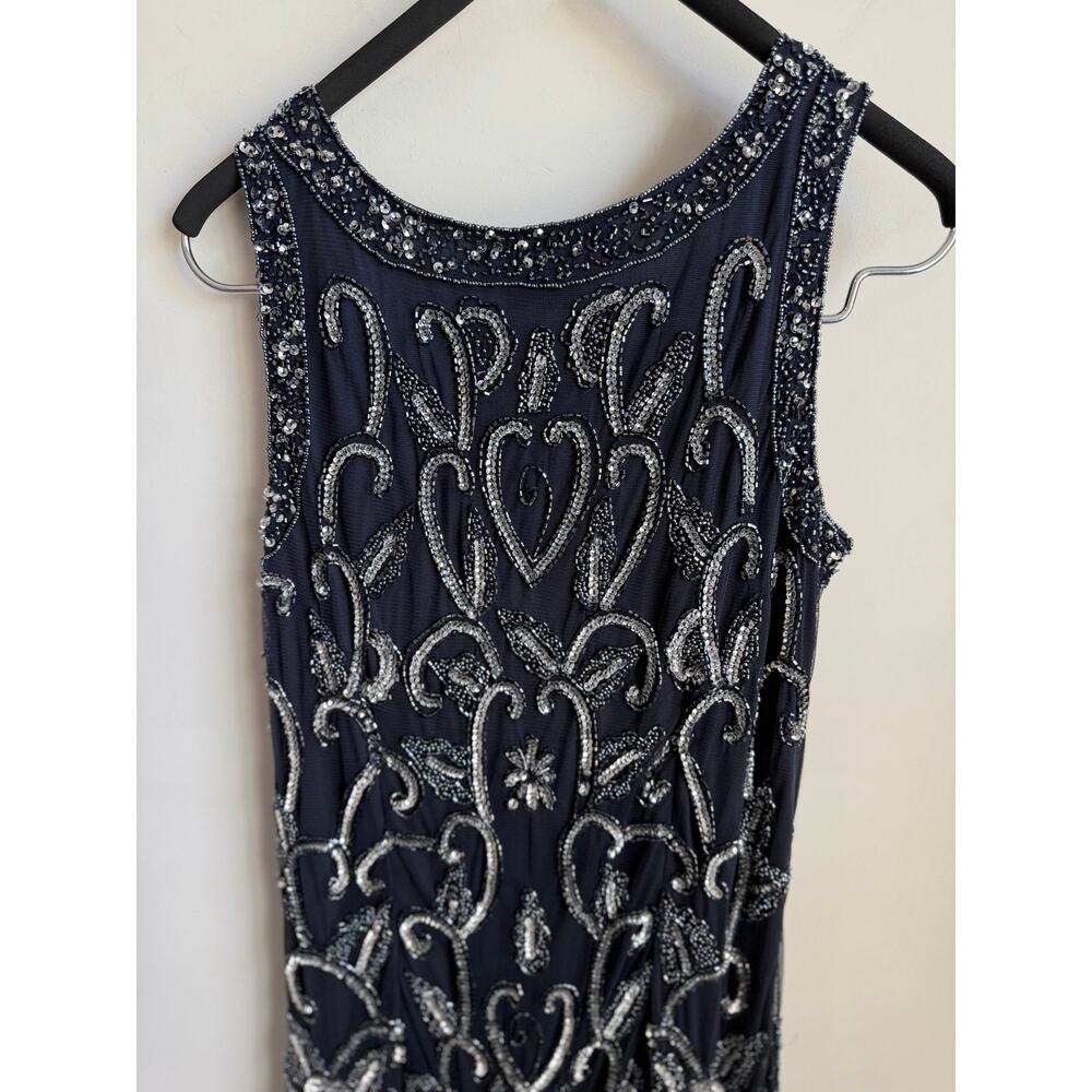 Pisarro Nights Embellished Mesh Drop Waist Maxi Dress Navy Blue Women's Size 10 - Picture 7 of 9